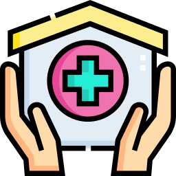 Illustration of caring hands holding a home with a medical cross on it